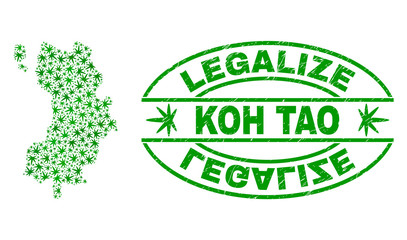 Vector cannabis Koh Tao map mosaic and grunge textured Legalize stamp seal. Concept with green weed leaves. Concept for cannabis legalize campaign. Vector Koh Tao map is organized with weed leaves.