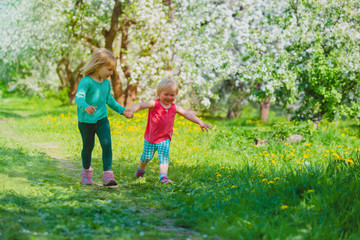 Naklejka na ściany i meble happy girls play run in spring nature, apple blossom