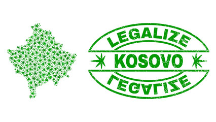 Vector cannabis Kosovo map collage and grunge textured Legalize stamp seal. Concept with green weed leaves. Concept for cannabis legalize campaign. Vector Kosovo map is composed of cannabis leaves.