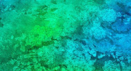 Grunge hand drawn texture water color paint illustration. Abstract cosmic multicolor neon blue and green polar lights watercolor background. Paper textured aquarelle canvas for modern creative design.