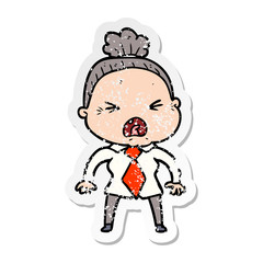 distressed sticker of a cartoon angry old woman