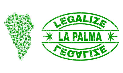 Vector cannabis La Palma Island map mosaic and grunge textured Legalize stamp seal. Concept with green weed leaves. Template for cannabis legalize campaign.