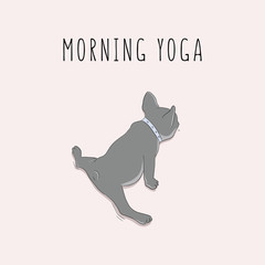 Vector pug in split morning yoga exersises. Cartoon character decoration. Doodle dog doing sport. Hand drawn kids nursery poster with typography text.