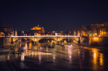 Night view of the Castle of the Holy Angel (Castel Sant' Angelo ), one of the top sights in Rome situated in short distance from Vatican.