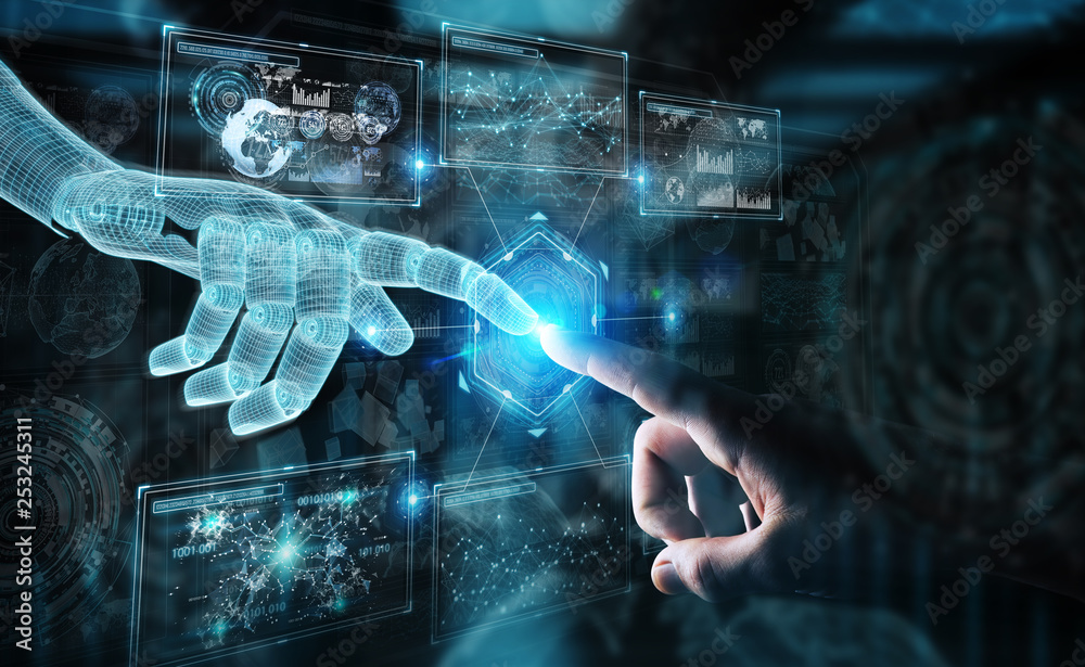 Poster wireframed robot hand and human hand touching digital graph interface on dark 3d rendering