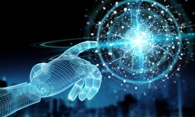 Wireframed blue robot hand touching digital sphere network 3D rendering
