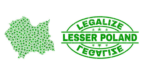 Vector cannabis Lesser Poland Voivodeship map mosaic and grunge textured Legalize stamp seal. Concept with green weed leaves. Concept for cannabis legalize campaign.