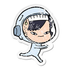 distressed sticker of a cartoon astronaut woman