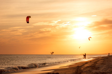 extreme group of professional kiters slide waves, jumps air on black sea with sail wing in hands led wind an sunset, onlookers photographers seagull on shore. village of annunciation. backlit, toned