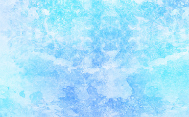 Ice and frost texture light sky blue shades watercolor background. Grunge aquarelle paint paper textured canvas for vintage design, retro card template. Turquoise gradient color handmade illustration