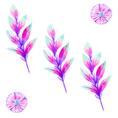 Watercolor illustration with beautiful abstract flower and leaf. Isolated on white background.Seamless pattern