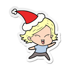 happy sticker cartoon of a girl wearing santa hat