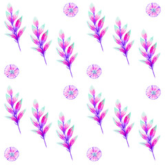 Watercolor illustration with beautiful abstract flower and leaf. Isolated on white background.Seamless pattern