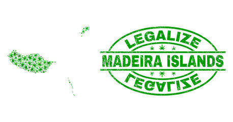 Vector marijuana Madeira Islands map mosaic and grunge textured Legalize stamp seal. Concept with green weed leaves. Concept for cannabis legalize campaign.