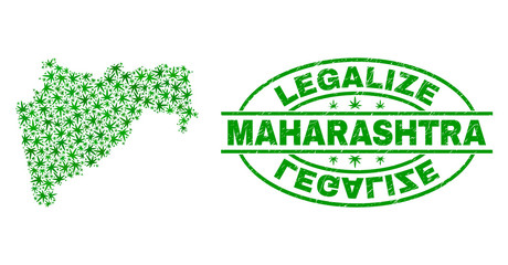 Vector cannabis Maharashtra State map collage and grunge textured Legalize stamp seal. Concept with green weed leaves. Concept for cannabis legalize campaign.