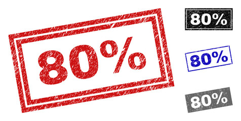 Grunge 80% rectangle stamp seals isolated on a white background. Rectangular seals with grunge texture in red, blue, black and gray colors.