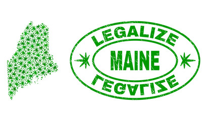 Vector cannabis Maine Land map mosaic and grunge textured Legalize stamp seal. Concept with green weed leaves. Concept for cannabis legalize campaign.