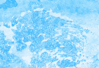 Ice and frost texture light sky blue shades watercolor background. Grunge aquarelle paint paper textured canvas for vintage design, retro card template. Turquoise gradient color handmade illustration