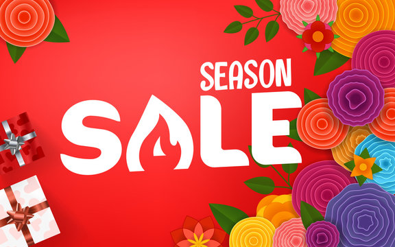 Season sale offer. Shopping banner template with gift boxes and abstract flowers