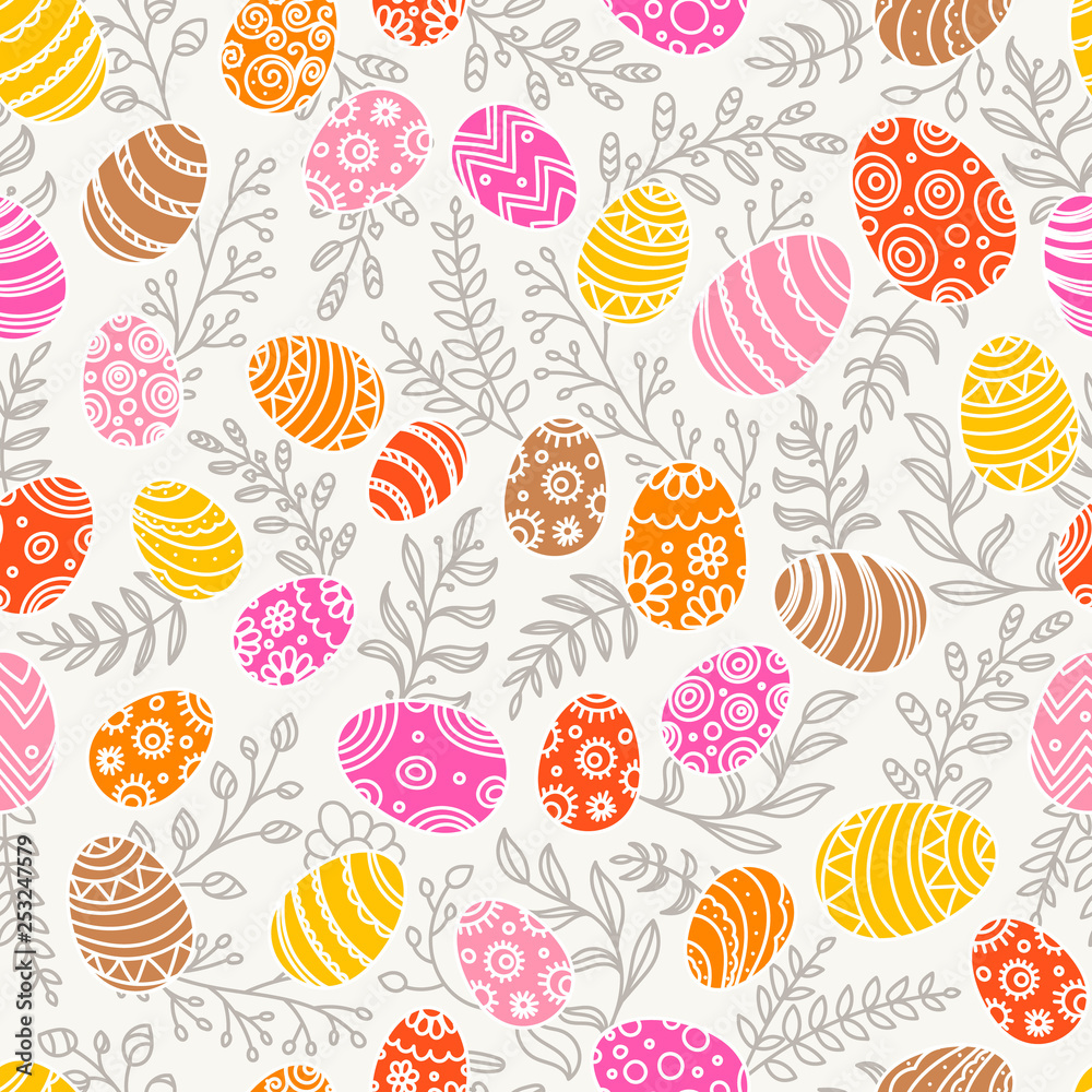 Aufkleber Easter seamless pattern with eggs and spring flowers. Seamless vector pattern