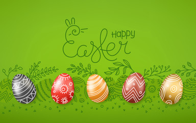Easter greeting card. Easter eggs 3d and in doodle style. Holiday vector banner