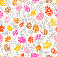 Easter seamless pattern with eggs and spring flowers. Seamless vector pattern