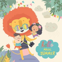 Fototapeta na wymiar Funny lion hugging children. Hello adventures.Magic summer