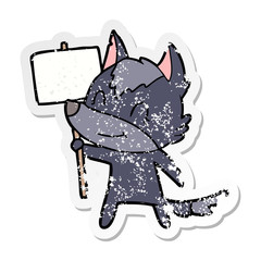distressed sticker of a friendly cartoon wolf