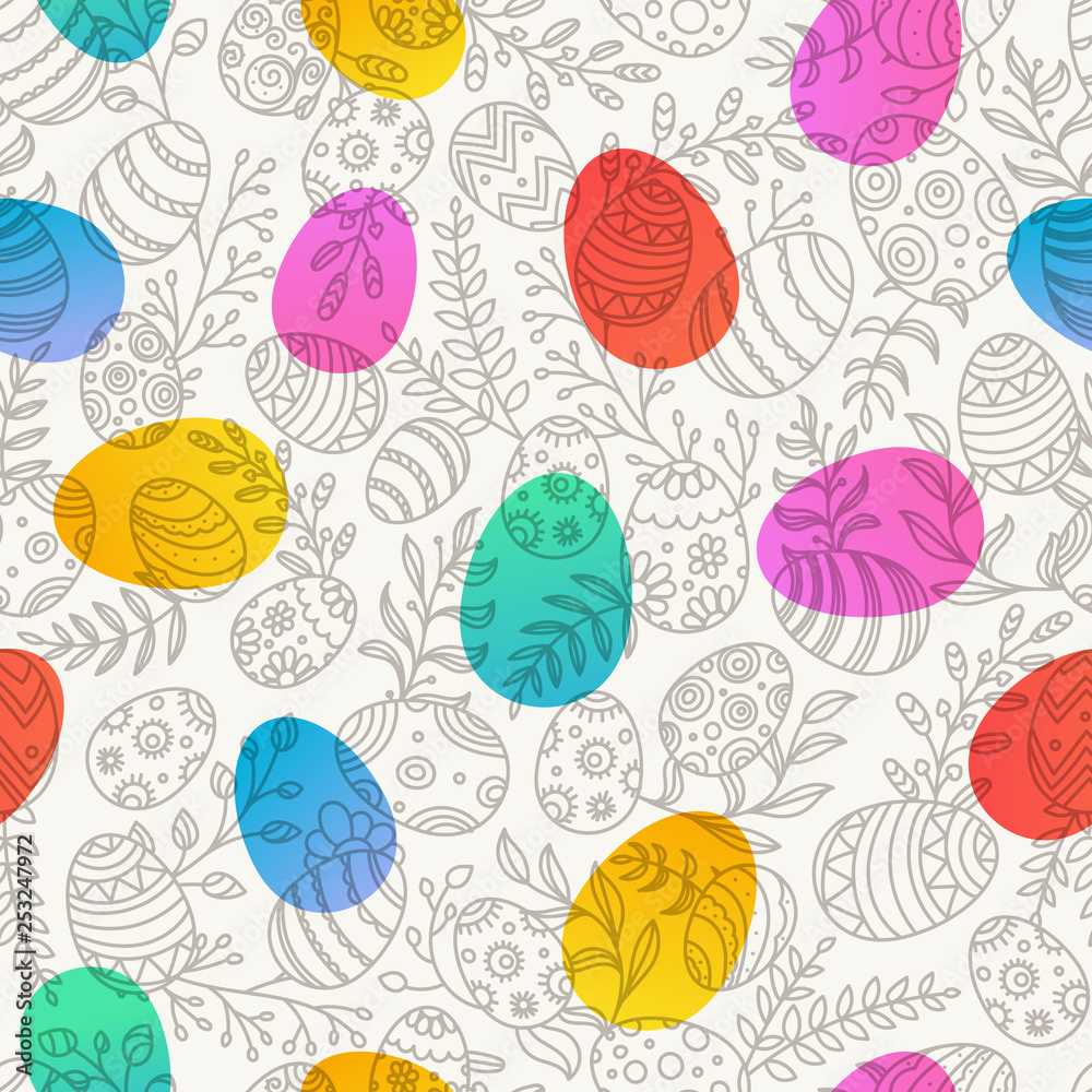 Poster Easter seamless pattern with eggs and spring flowers. Seamless vector pattern
