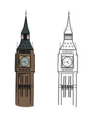 Big Ben tower isolated vector illustration. London clock tower.