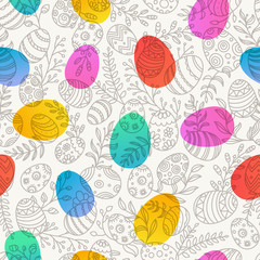 Easter seamless pattern with eggs and spring flowers. Seamless vector pattern