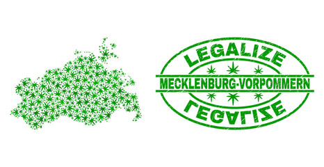 Vector marijuana Mecklenburg-Vorpommern Land map mosaic and grunge textured Legalize stamp seal. Concept with green weed leaves. Concept for cannabis legalize campaign.