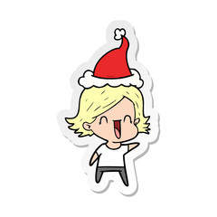 sticker cartoon of a happy woman wearing santa hat