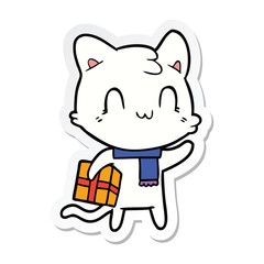 sticker of a cartoon happy cat wearing scarf