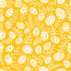Easter pattern with eggs and spring flowers. Seamless vector pattern