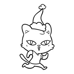 line drawing of a cat out for a run wearing santa hat