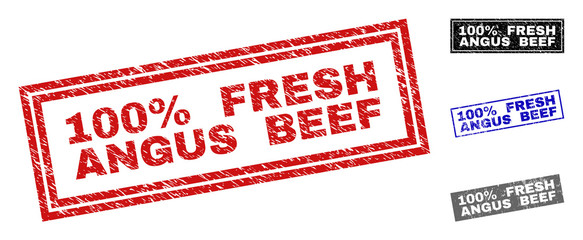 Grunge 100% FRESH ANGUS BEEF rectangle stamp seals isolated on a white background. Rectangular seals with grunge texture in red, blue, black and grey colors.