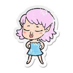 distressed sticker of a pretty cartoon elf girl