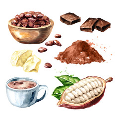 Cocoa products set. Beans, pod, chocolate, butter, hot cocoa drink. Superfood. Watercolor hand drawn illustration, isolated on white background