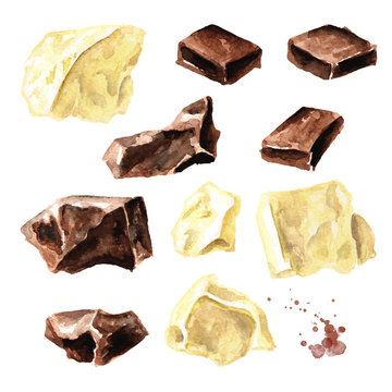Natural black and white chocolate pieces set. Superfood. Watercolor hand drawn illustration isolated on white background