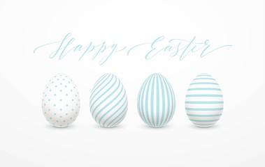 Happy Easter Egg lettering on the background with white and blue egg. Vector illustration