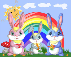 A family of three bunnies in the meadow near the rainbow. Mom, dad, baby. Spring, postcard