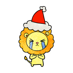 textured cartoon of a crying lion wearing santa hat
