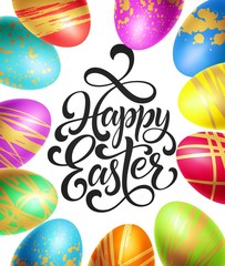 Happy Easter background template with lettering with Colorful Eggs. Vector illustration