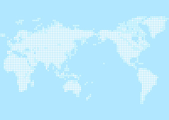水色の背景と白い四角いドット世界地図