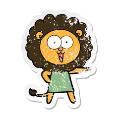 distressed sticker of a happy cartoon lion