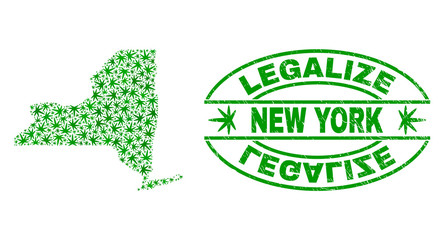 Vector cannabis New York State map collage and grunge textured Legalize stamp seal. Concept with green weed leaves. Concept for cannabis legalize campaign.
