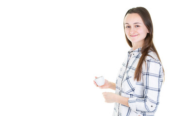 Portrait a young beauty woman with cup of tea or coffee front side copy space