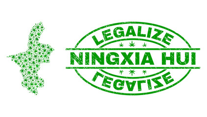 Vector cannabis Ningxia Hui Region map mosaic and grunge textured Legalize stamp seal. Concept with green weed leaves. Concept for cannabis legalize campaign.
