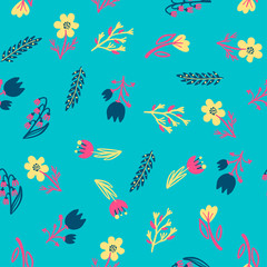Hand Drawn pattern with summer flowers and herbs vintage Hohloma floral elements. Blue Yellow on white